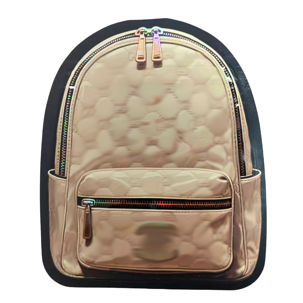 Mylar Bag Beige backpack with black trim on a white background