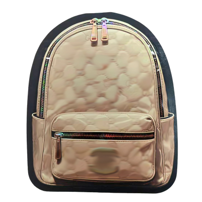 Mylar Bag Beige backpack with black trim on a white background