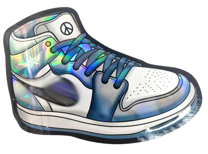 Mylar Bag  Holographic sneaker with peace symbol on a white background