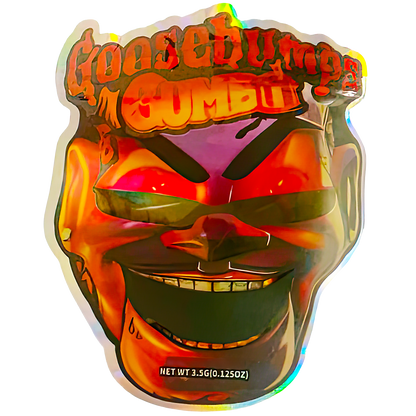 Holographic container with a face design and 'Gonebump' text on a white background