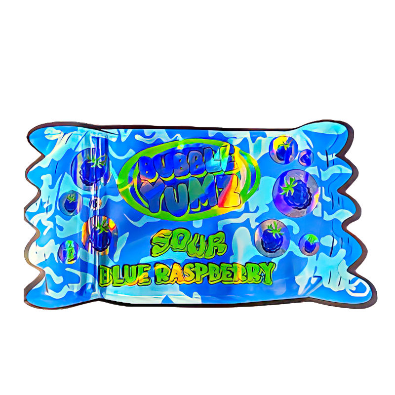 50 Pack - 3.5G Shaped Mylar Bags - Bubble Yumz Sour Blue Raspberry