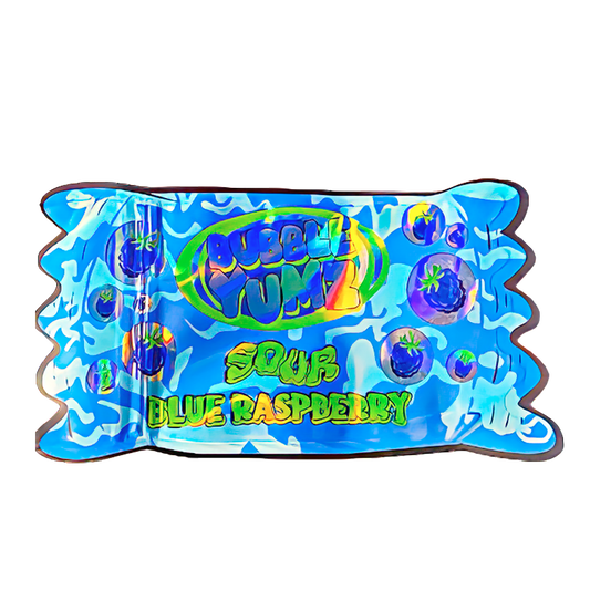 50 Pack - 3.5G Shaped Mylar Bags - Bubble Yumz Sour Blue Raspberry