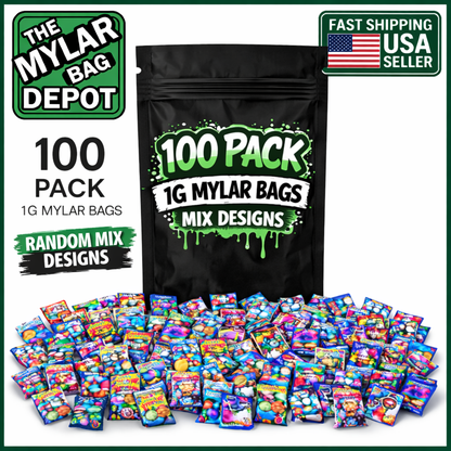 100 Pack 1g Mini (3" x 3.5") Resealable Zip Storage Pouches Mystery Bundle - Assorted Designs