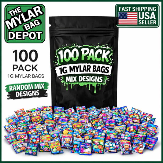 100 Pack 1g Mini (3" x 3.5") Resealable Zip Storage Pouches Mystery Bundle - Assorted Designs