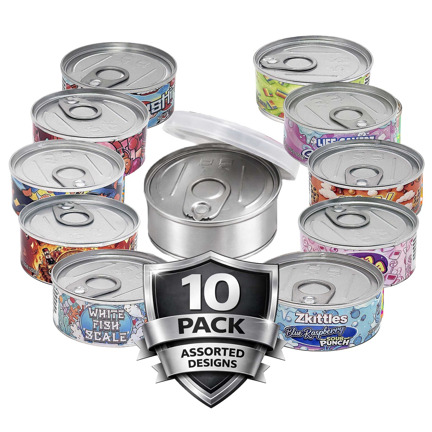 10 Pack 3.5g Pull-Top Tin Can Storage Containers Mystery Bundle - Exotic Designs