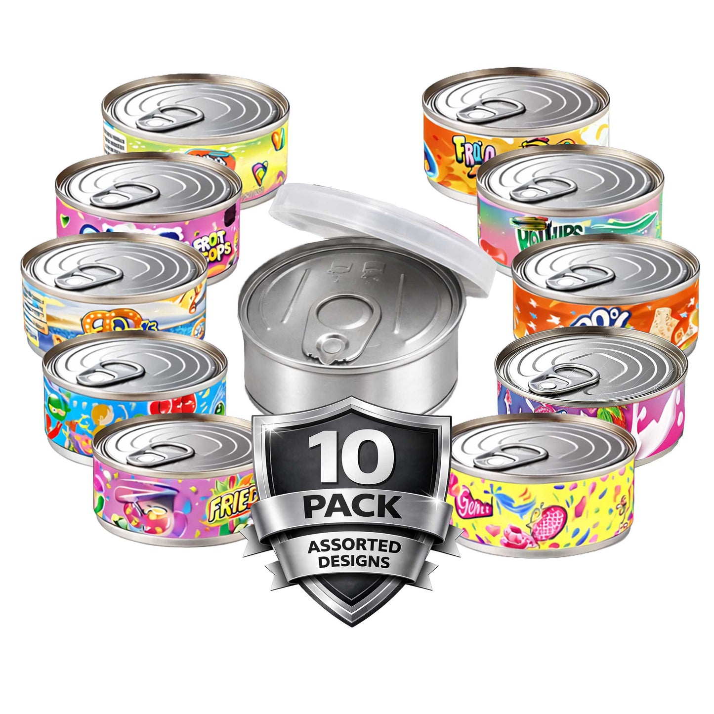 10 Pack 3.5g Pull-Top Tin Can Storage Containers Mystery Bundle - Assorted Designs