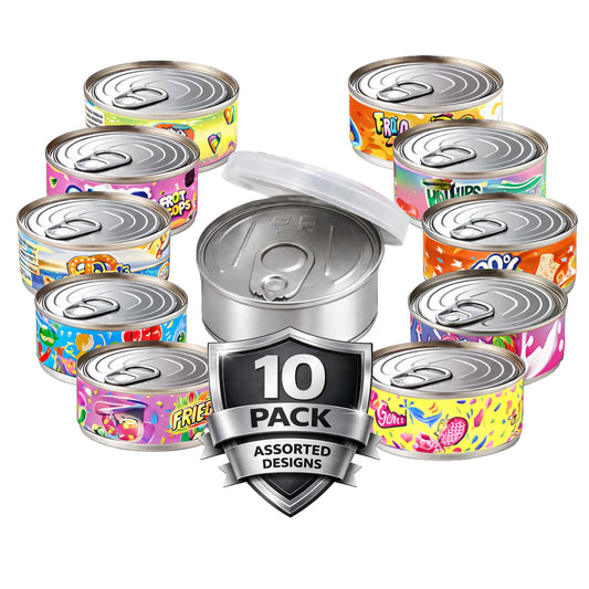 10 Pack 3.5g Pull-Top Tin Can Storage Containers Mystery Bundle - Assorted Designs