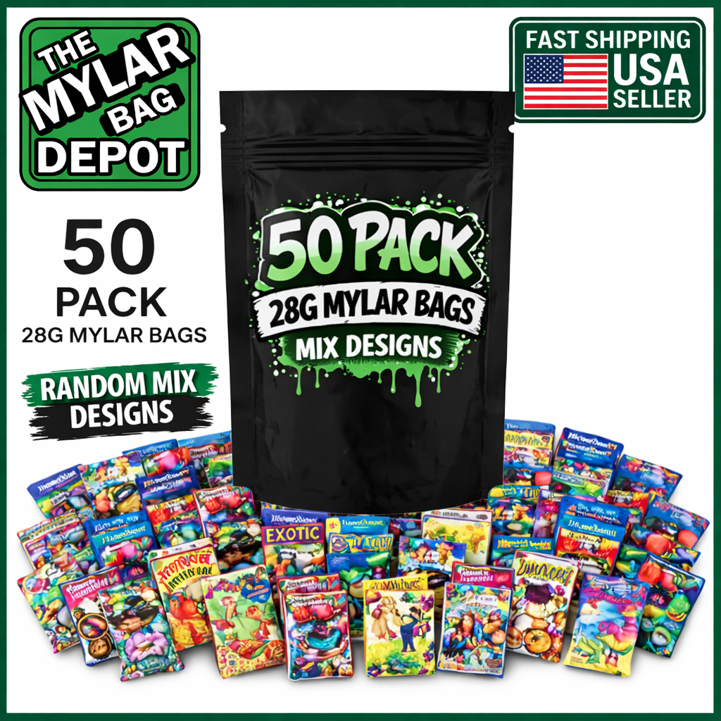 50 Pack 28g Large (6" x 8") Resealable Storage Mylar Pouches Mystery Bundle - Assorted Designs