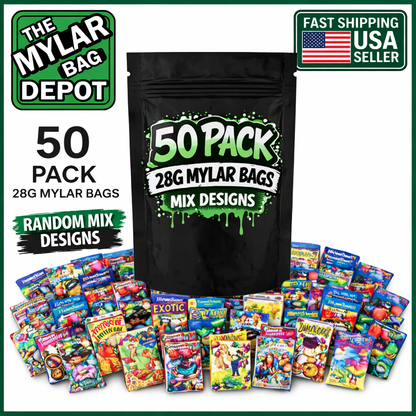 50 Pack 28g Large (6" x 8") Resealable Storage Mylar Pouches Mystery Bundle - Assorted Designs