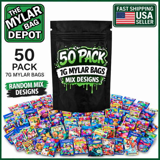 50 Pack 7g Medium (4" x 6.25") Foil Storage Organizer Bags Mystery Bundle - Assorted Designs