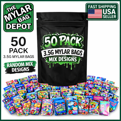 50 Pack 3.5g Small (3.5" x 5") Resealable Packaging Pouches Mystery Bundle - Assorted Designs