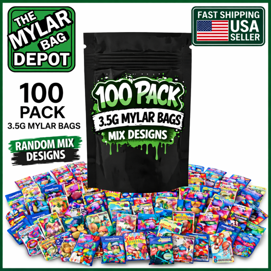 100 Pack 3.5g Small (4" x 5") Mylar Bags Mystery Bundle Assorted Designs