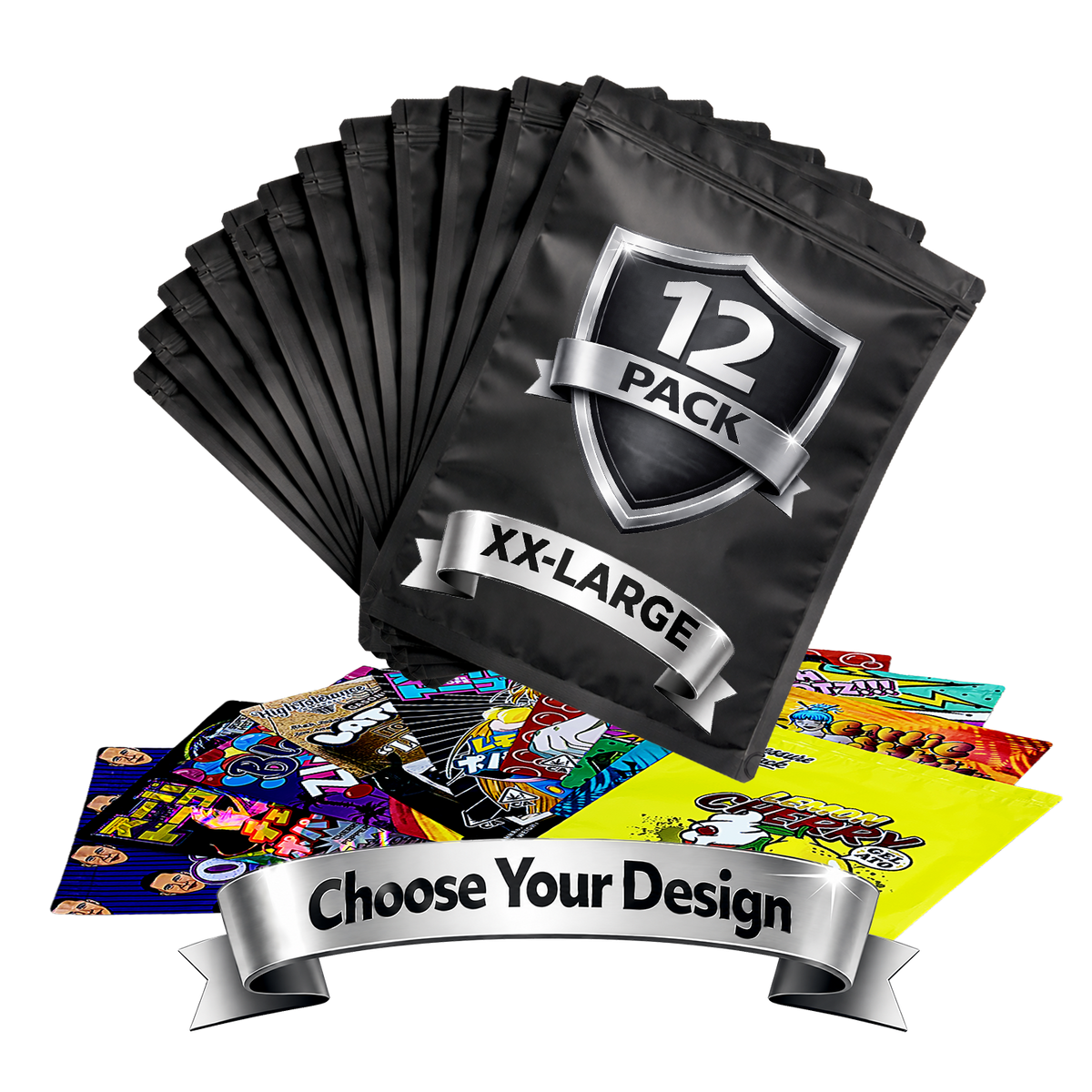 12Pack – 1lb XXL Exotic Mylar Bags - Choose Your Style