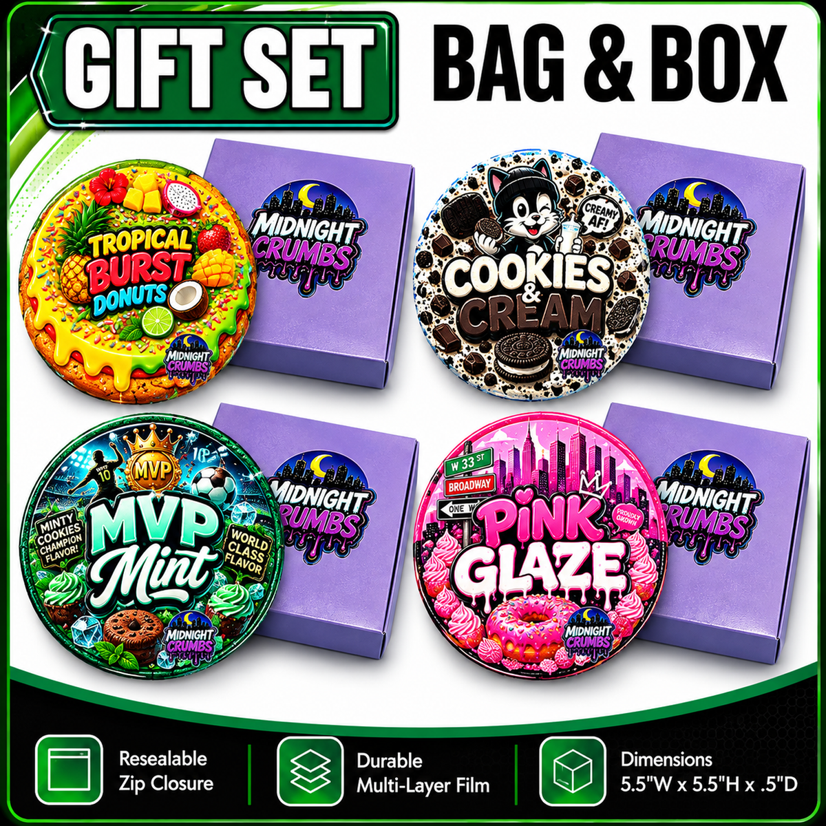 12 Pack Midnight Crumbs Shaped Bag & Window Box Set – Choose Your Design