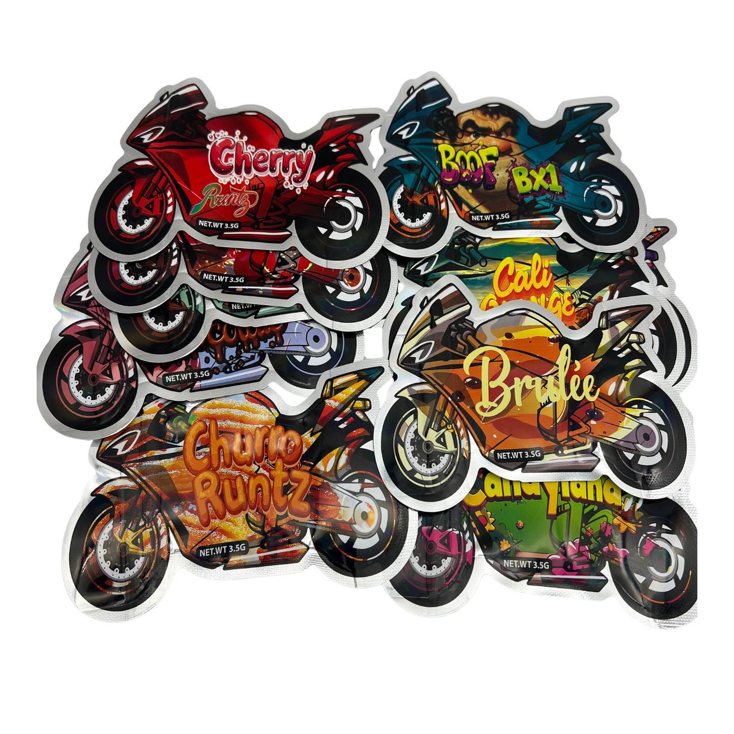 50 Pack - 3.5g Mylar Bags Mix Designs (MOTORBIKES)