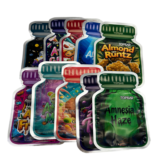 50 Pack - 3.5g Mylar Bags Mix Designs (PHARMA BOTTLE)