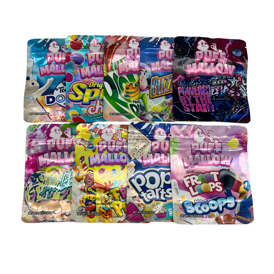50 Pack - 3.5g Mylar Bags Mix Designs (PUFF MALLOW)