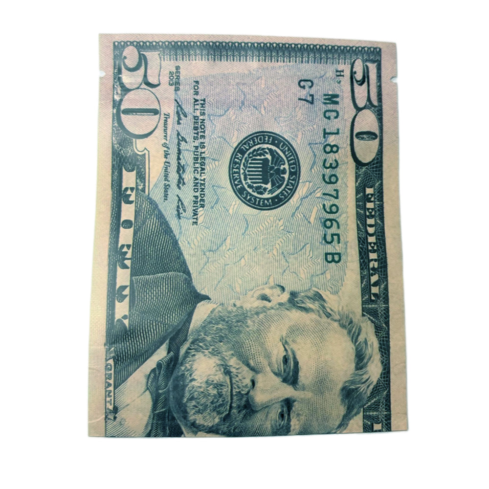 50 Pack – 3.5g Money Design Mylar Bags - Hundred Dollar Bill Back