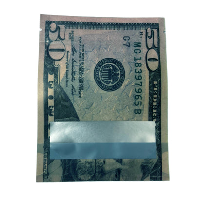 50 Pack – 3.5g Money Design Mylar Bags - Hundred Dollar Bill Back