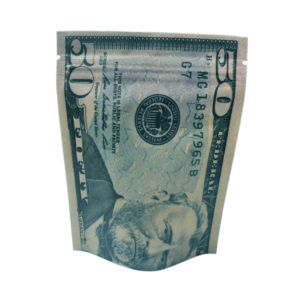 50 Pack – 3.5g Money Design Mylar Bags - Hundred Dollar Bill Back