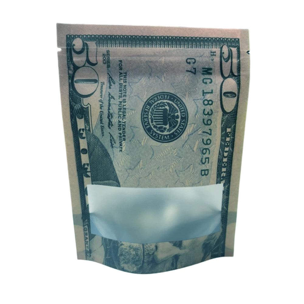 50 Pack – 3.5g Money Design Mylar Bags - Hundred Dollar Bill Back