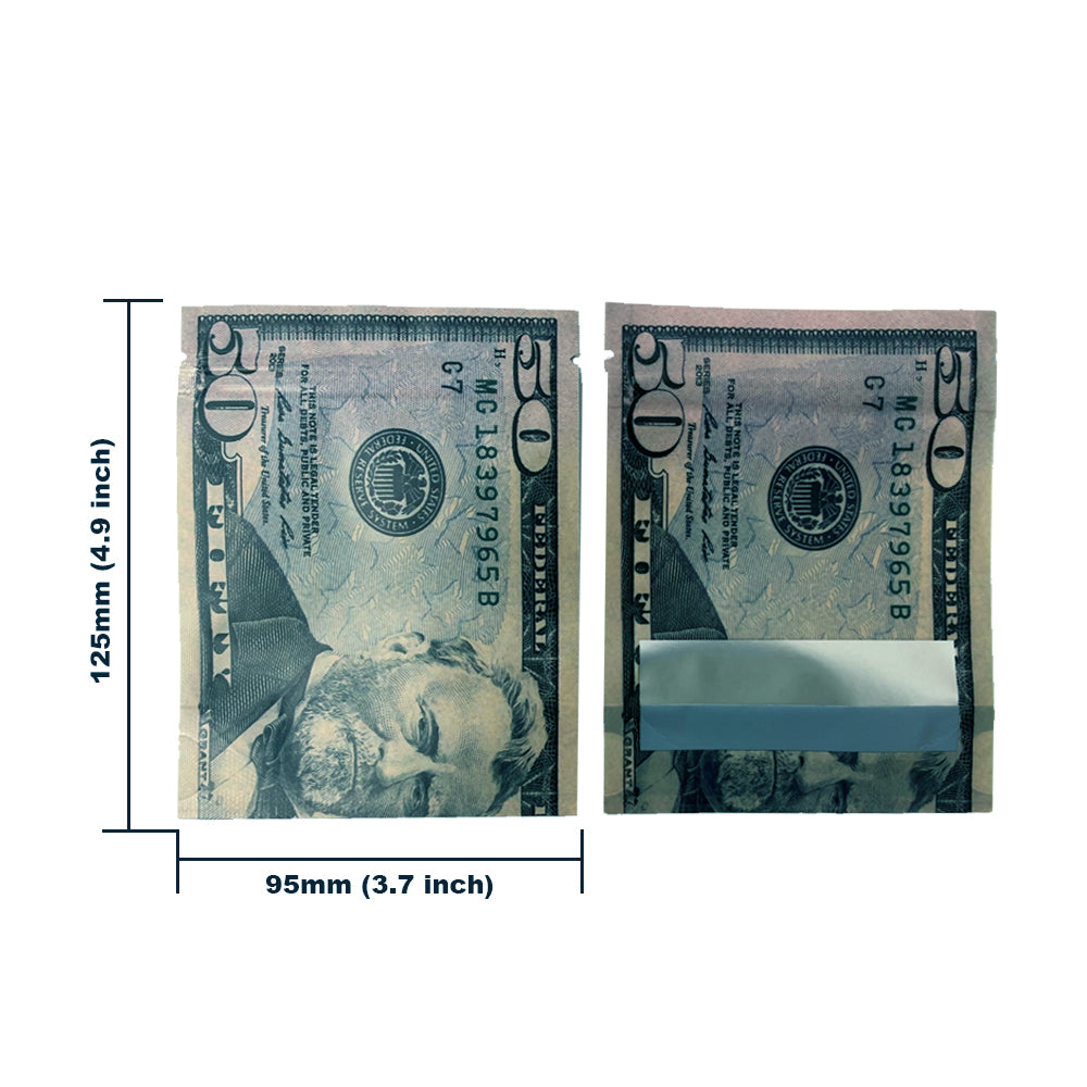 50 Pack – 3.5g Money Design Mylar Bags - Hundred Dollar Bill Back