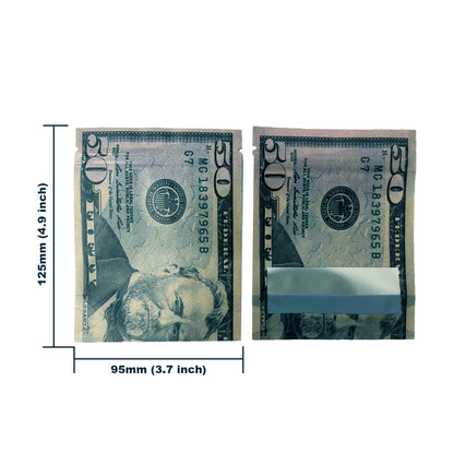 50 Pack – 3.5g Money Design Mylar Bags - Hundred Dollar Bill Back