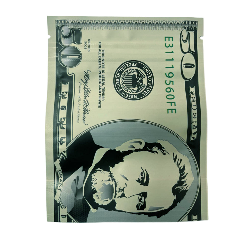 50 Pack – 3.5g Money Design Mylar Bags - Fifty Dollar Bill Vers 2