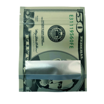 50 Pack – 3.5g Money Design Mylar Bags - Fifty Dollar Bill Vers 2