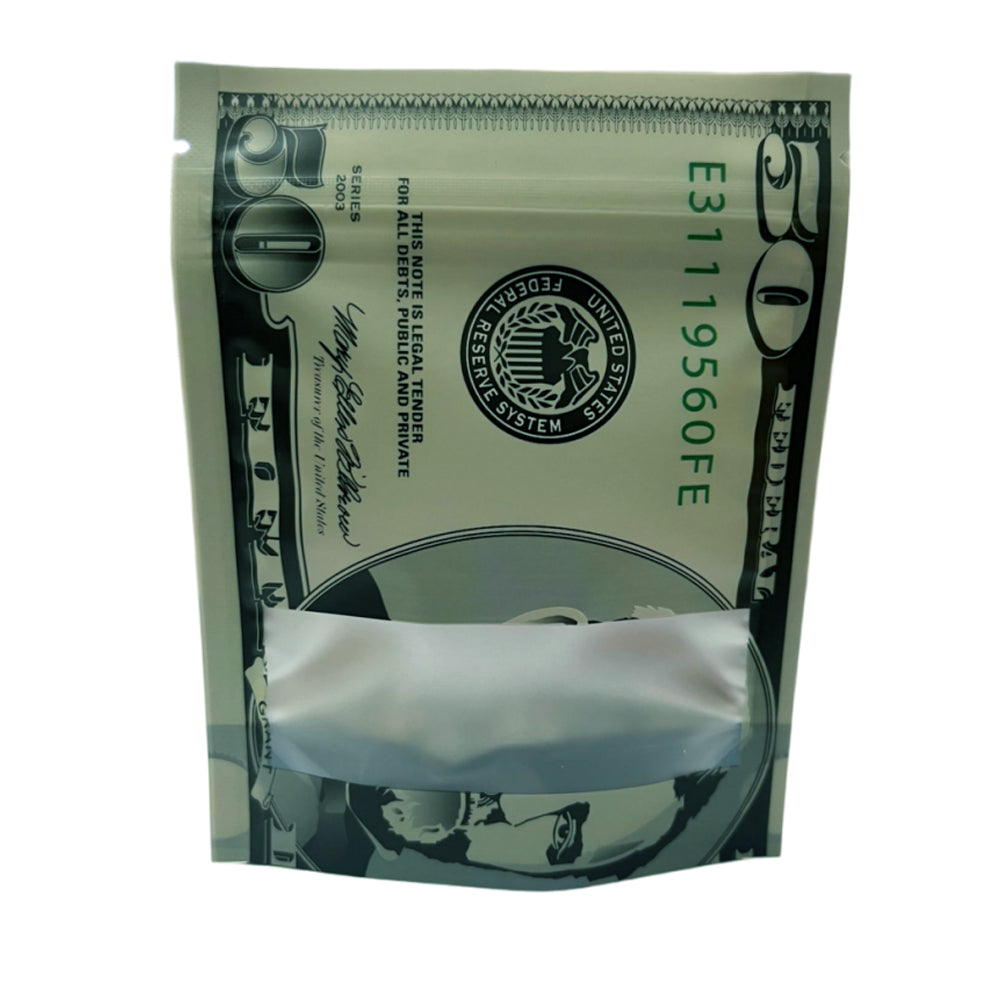 50 Pack – 3.5g Money Design Mylar Bags - Fifty Dollar Bill Vers 2