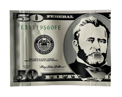 Money Mylar bag 3.5g, herb Mylar Bags, Where to buy mylar bags, Custom mylar bags near me, Mylar Bags Wholesale. Model of a $50 U.S. Federal Reserve note with a portrait on the right side.