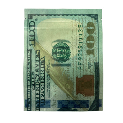 50 Pack – 3.5g Money Design Mylar Bags - Hundred Dollar Bill Front
