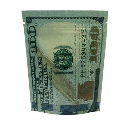 50 Pack – 3.5g Money Design Mylar Bags - Hundred Dollar Bill Front