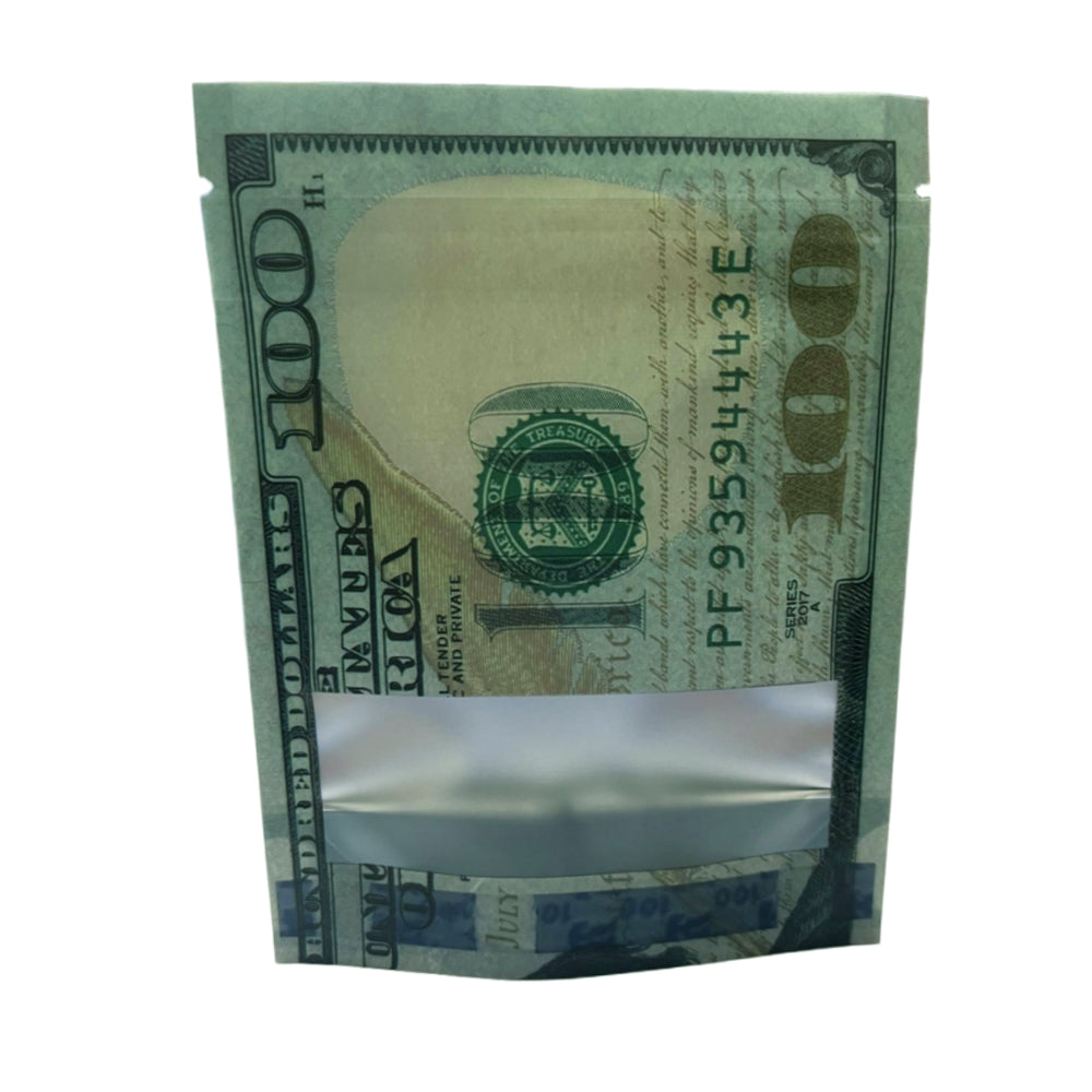 50 Pack – 3.5g Money Design Mylar Bags - Hundred Dollar Bill Front
