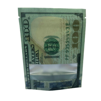 50 Pack – 3.5g Money Design Mylar Bags - Hundred Dollar Bill Front