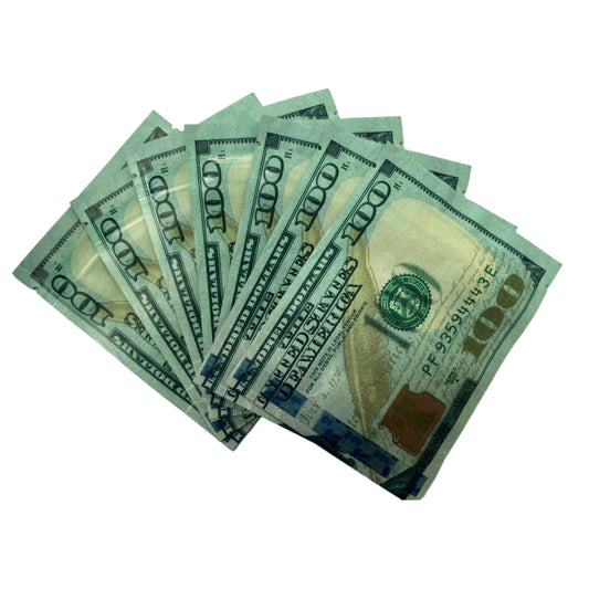 50 Pack – 3.5g Money Design Mylar Bags - Hundred Dollar Bill Front