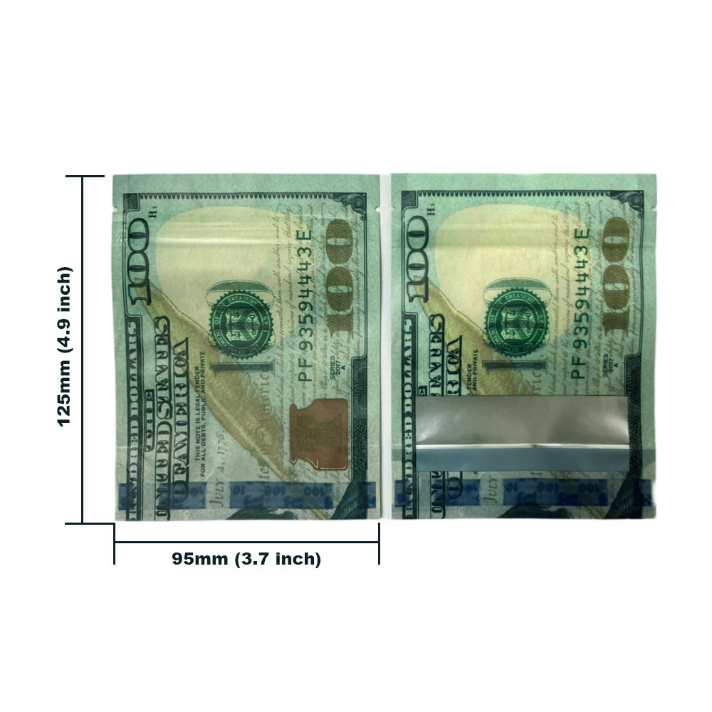 50 Pack – 3.5g Money Design Mylar Bags - Hundred Dollar Bill Front