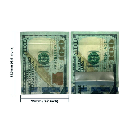 50 Pack – 3.5g Money Design Mylar Bags - Hundred Dollar Bill Front