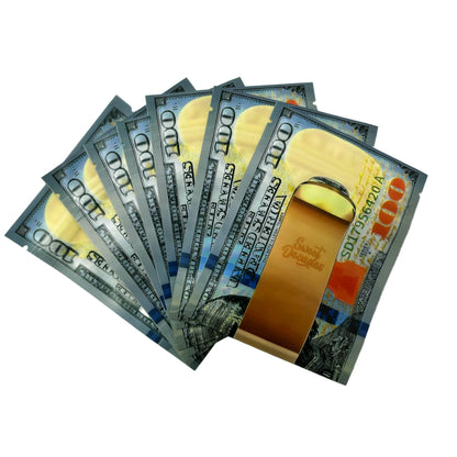 50 Pack – 3.5g Money Design Mylar Bags - Hundred Dollar Bill Clip