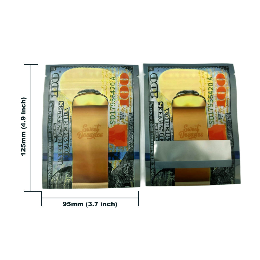 50 Pack – 3.5g Money Design Mylar Bags - Hundred Dollar Bill Clip