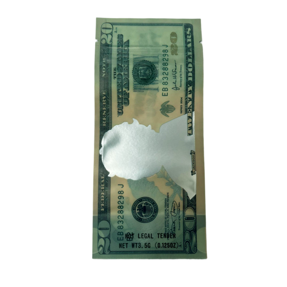 50 Pack – 3.5g Money Design Mylar Bags - Twenty Dollar Bill Who