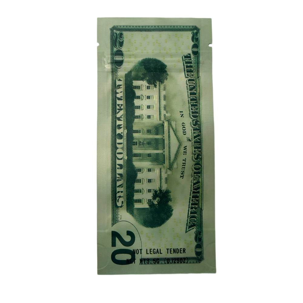 50 Pack – 3.5g Money Design Mylar Bags - Twenty Dollar Bill Who