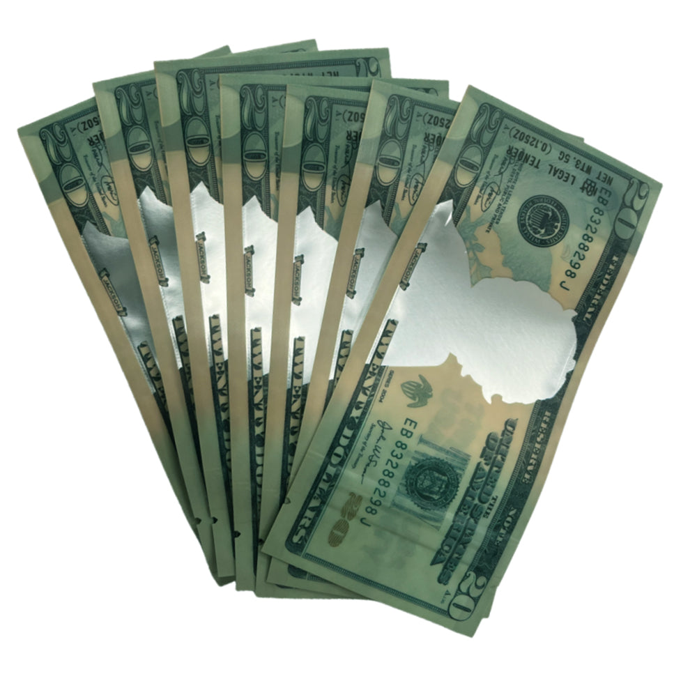 50 Pack – 3.5g Money Design Mylar Bags - Twenty Dollar Bill Who