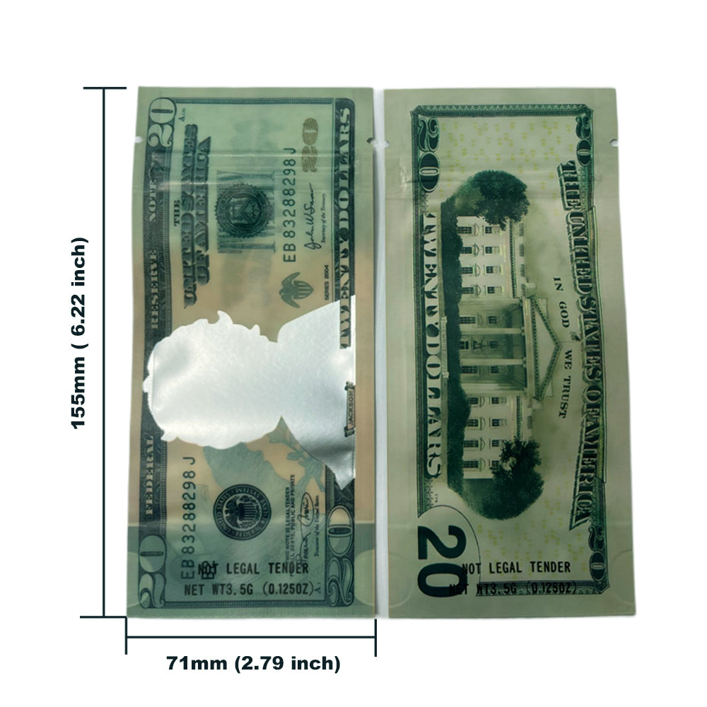 50 Pack – 3.5g Money Design Mylar Bags - Twenty Dollar Bill Who