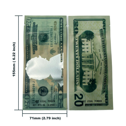 50 Pack – 3.5g Money Design Mylar Bags - Twenty Dollar Bill Who