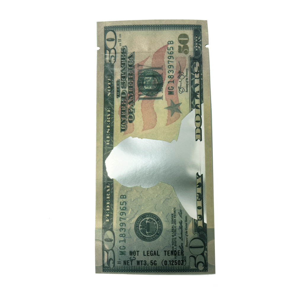 50 Pack – 3.5g Money Design Mylar Bags - Fifty Dollar Bill Who