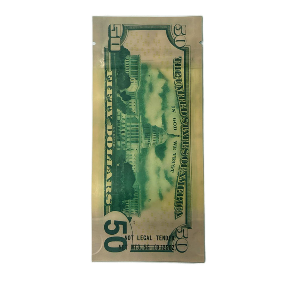 50 Pack – 3.5g Money Design Mylar Bags - Fifty Dollar Bill Who