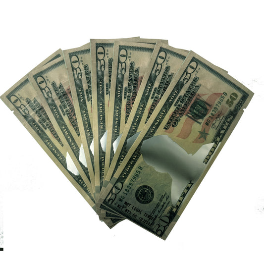 50 Pack – 3.5g Money Design Mylar Bags - Fifty Dollar Bill Who