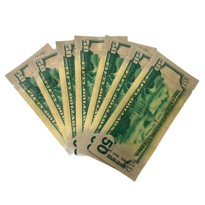 50 Pack – 3.5g Money Design Mylar Bags - Fifty Dollar Bill Who