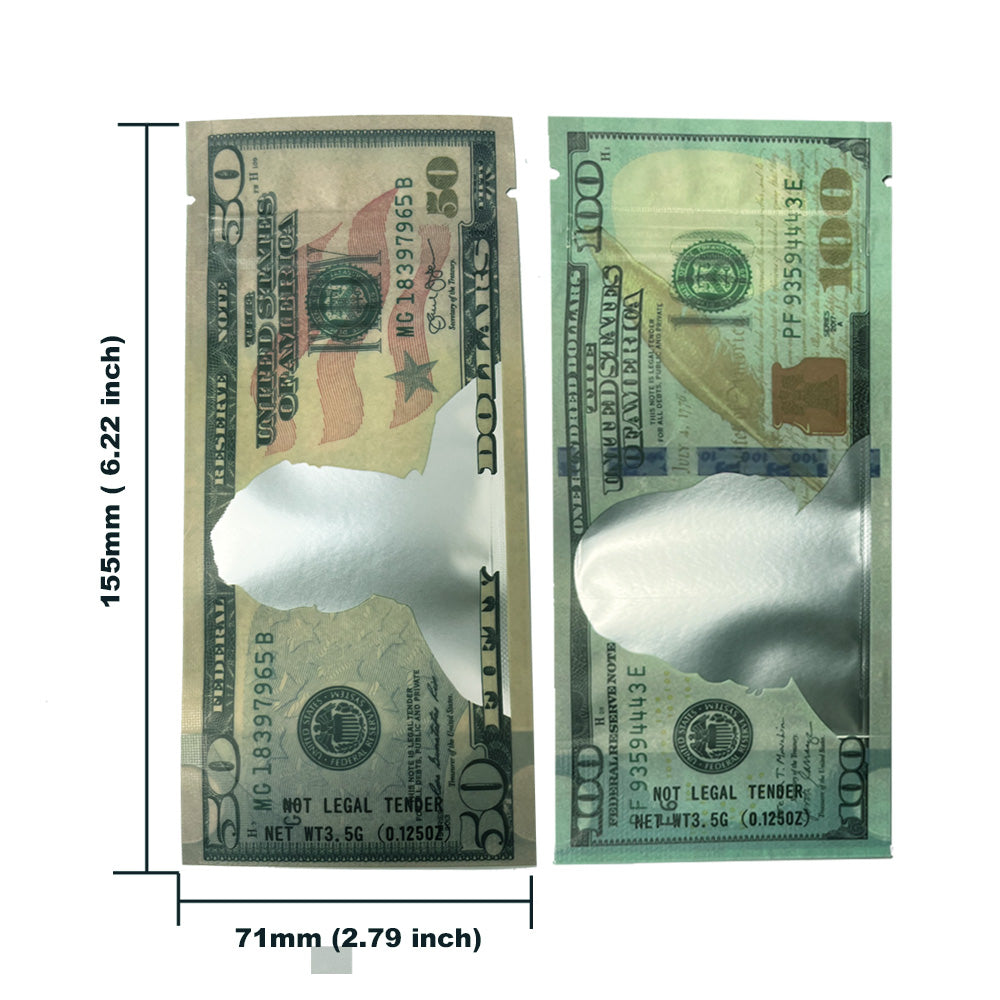 50 Pack – 3.5g Money Design Mylar Bags - Fifty Dollar Bill Who